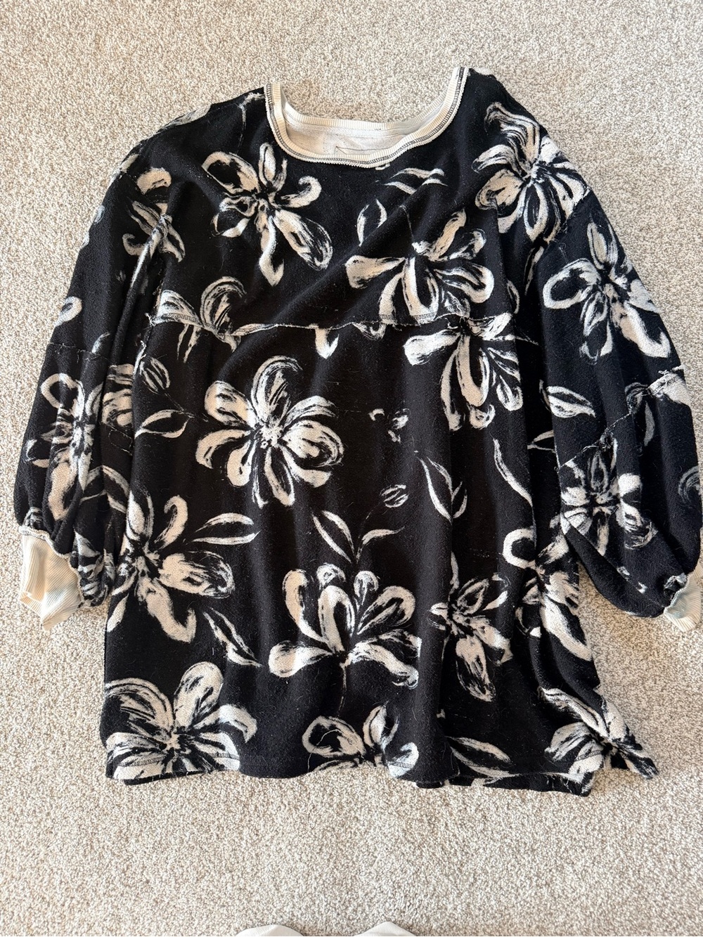 Free People Black Floral Scoopneck Sweater with White Print - Picture 5 of 6
